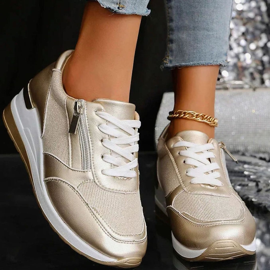 Women's Orthopedic Platform Sneakers Metallic Zip-Up Lace-Up Shoes