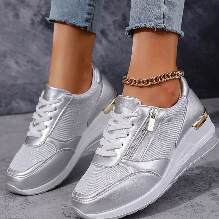 Women's Orthopedic Platform Sneakers Metallic Zip-Up Lace-Up Shoes