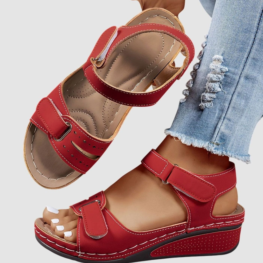 Women's Orthopedic Sandals Adjustable Strap Wedge Open-Toe - Red