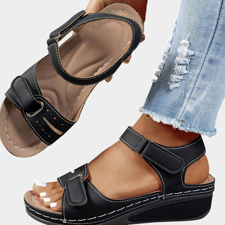 Women's Orthopedic Sandals Adjustable Strap Wedge Open-Toe - Black