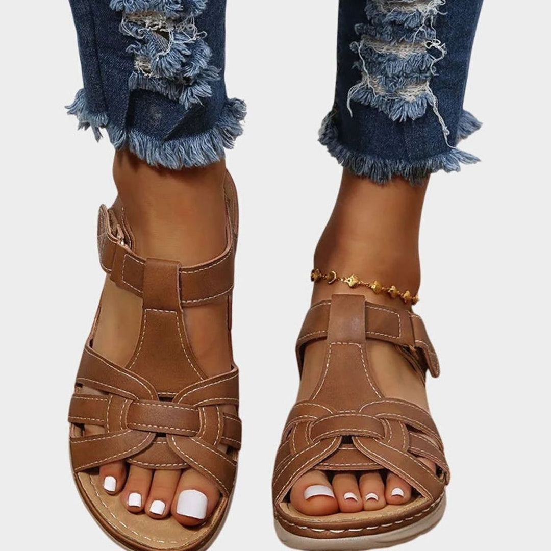 Women's Orthopedic Sandals Arch-Support Open-Toe Adjustable Strap Wedge - Brown