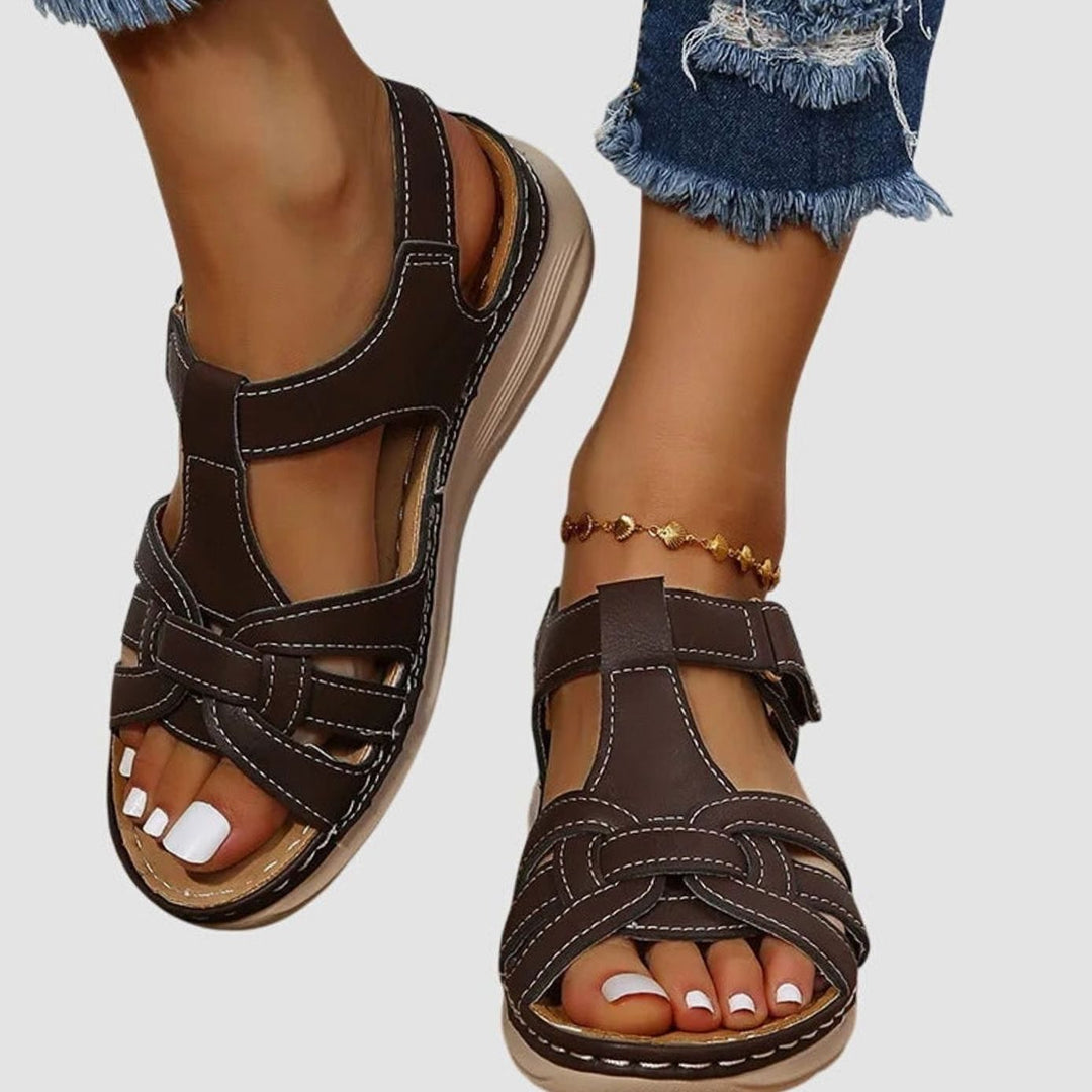 Women's Orthopedic Sandals Arch-Support Open-Toe Adjustable Strap Wedge - Dark Brown