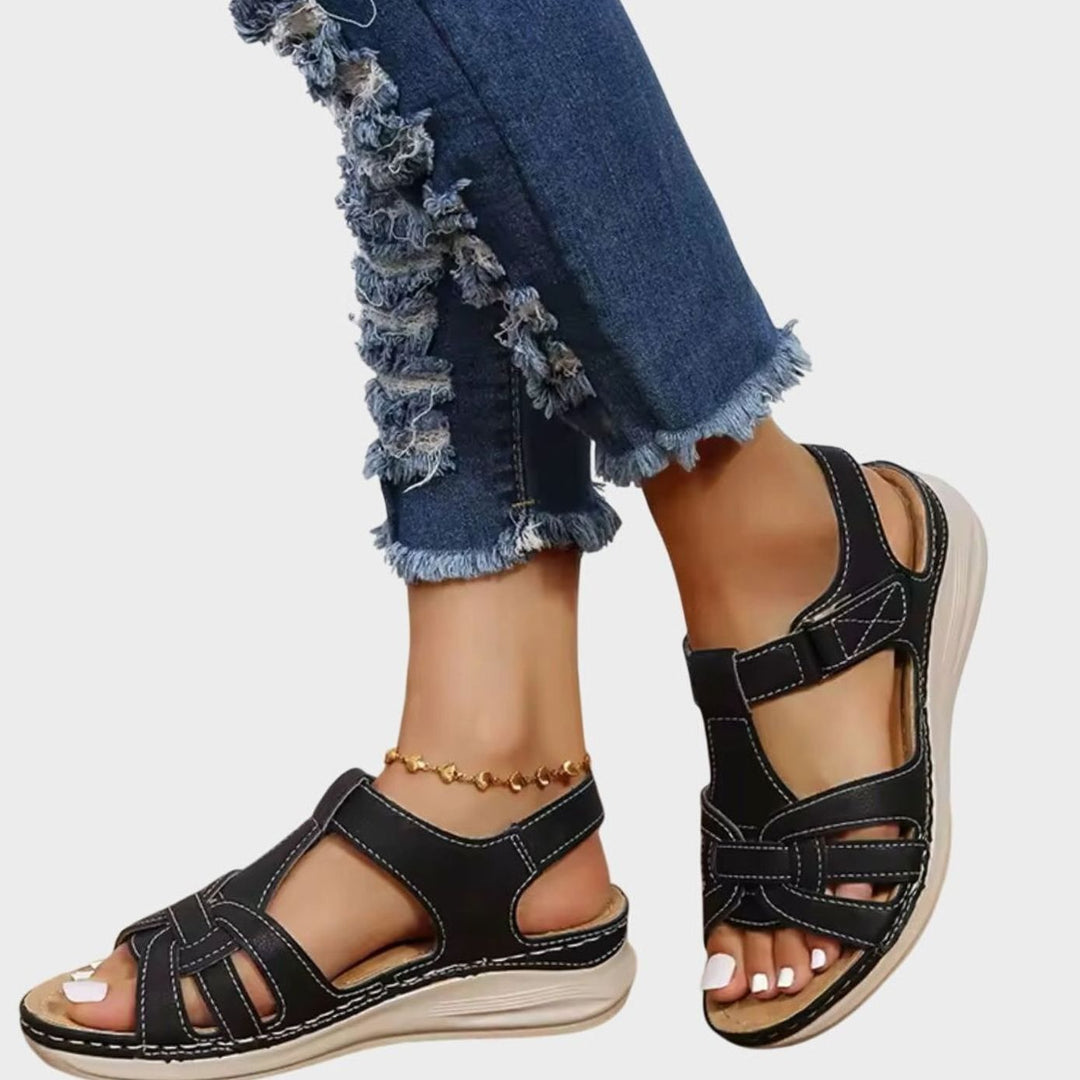 Women's Orthopedic Sandals Arch-Support Open-Toe Adjustable Strap Wedge - Black