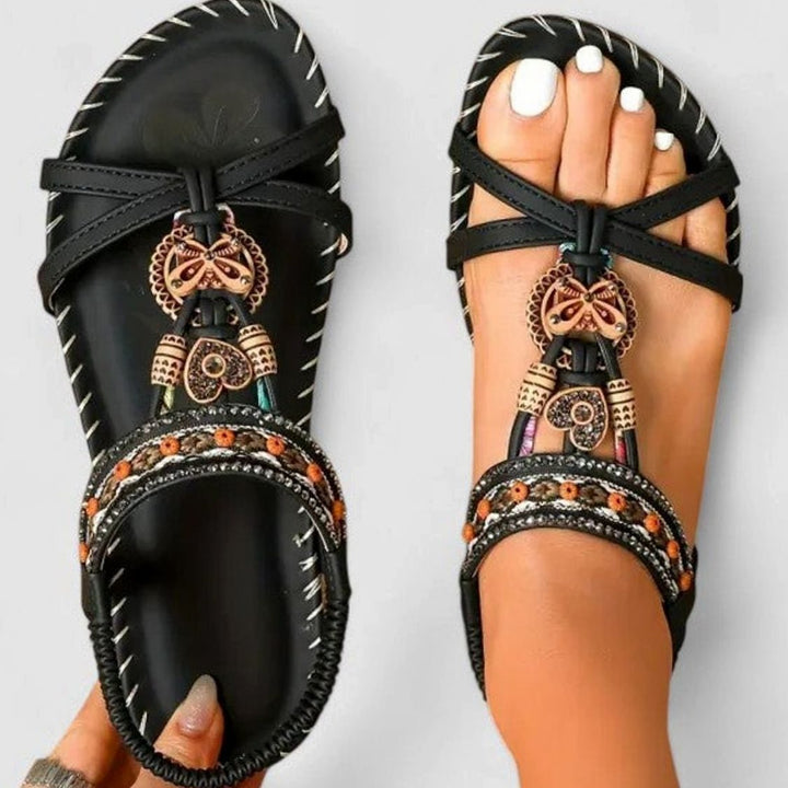 Women's Orthopedic Sandals Boho Beaded Arch-Support Flat - Graphite Black