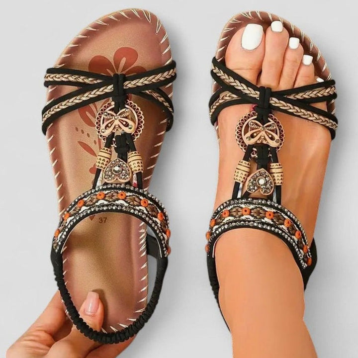 Women's Orthopedic Sandals Boho Beaded Arch-Support Flat - Light Black