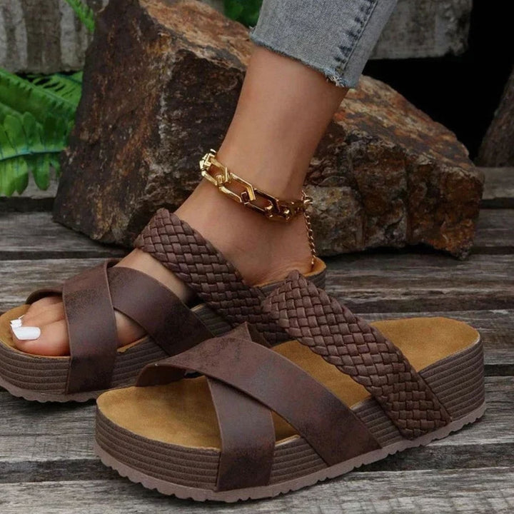 Women's Orthopedic Sandals Cross-Strap Braided Platform Slide - Brown