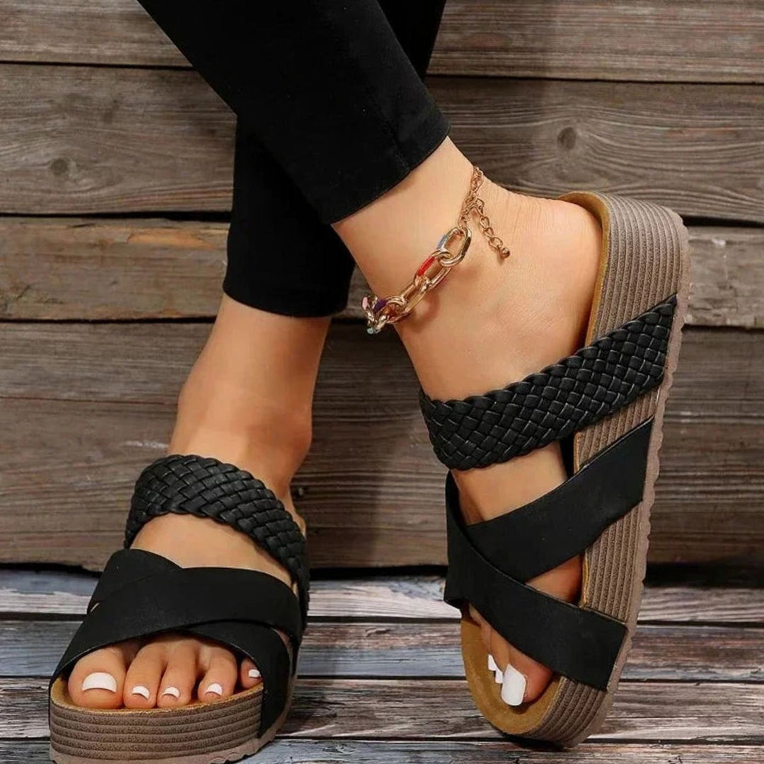 Women's Orthopedic Sandals Cross-Strap Braided Platform Slide - Black