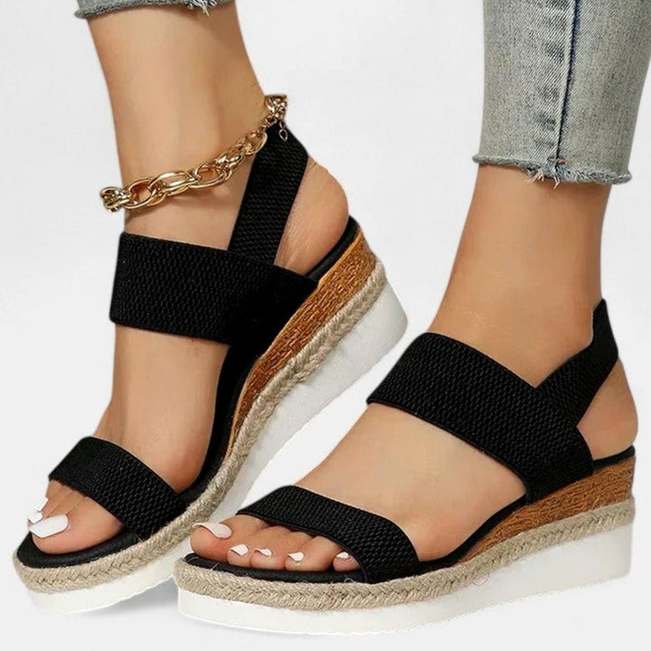Women's Orthopedic Sandals Elastic Strap Espadrille Wedge - Black