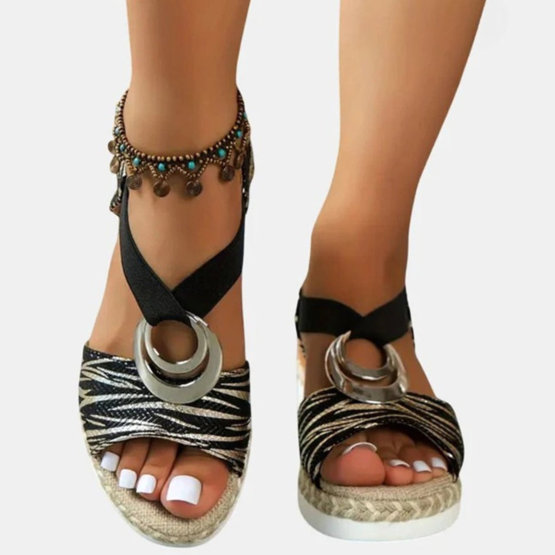 Women's Orthopedic Sandals Espadrille Wedge Buckle Strap - Matte Black