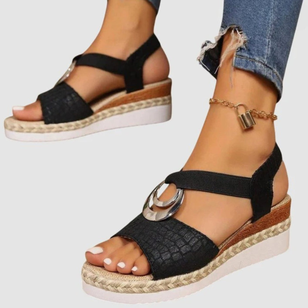Women's Orthopedic Sandals Espadrille Wedge Buckle Strap - Black