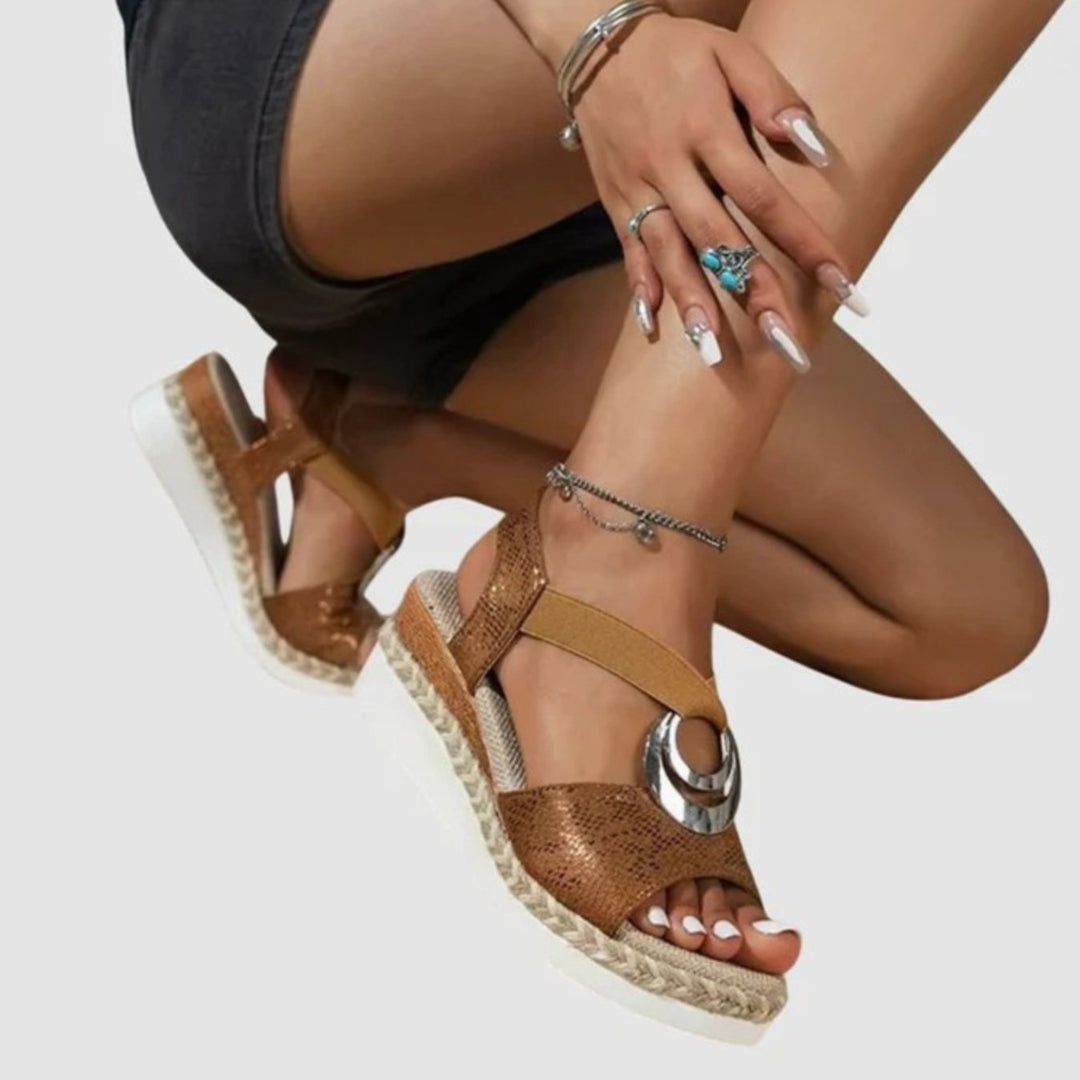 Women's Orthopedic Sandals Espadrille Wedge Buckle Strap - Brown