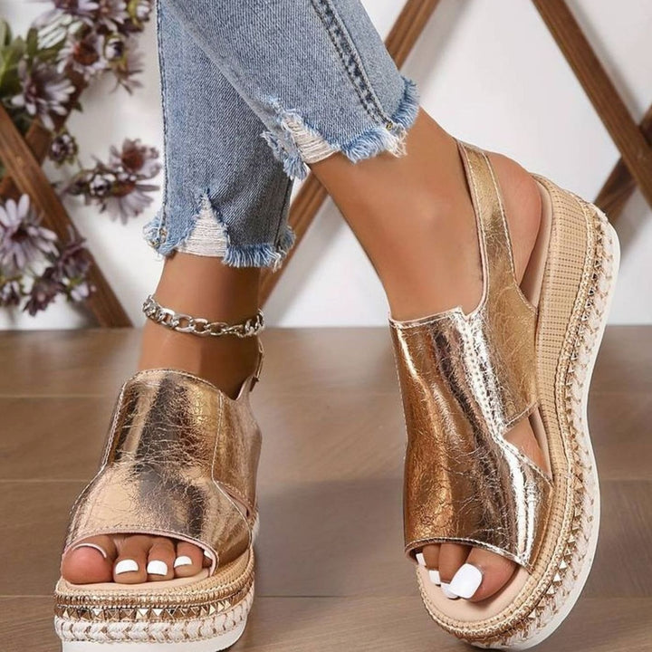Women's Orthopedic Sandals Metallic Wedge Buckle Slingback - Gold Rhinestone Sole