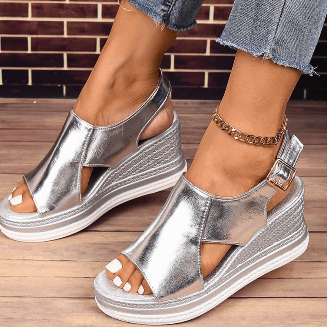 Women's Orthopedic Sandals Metallic Wedge Buckle Slingback