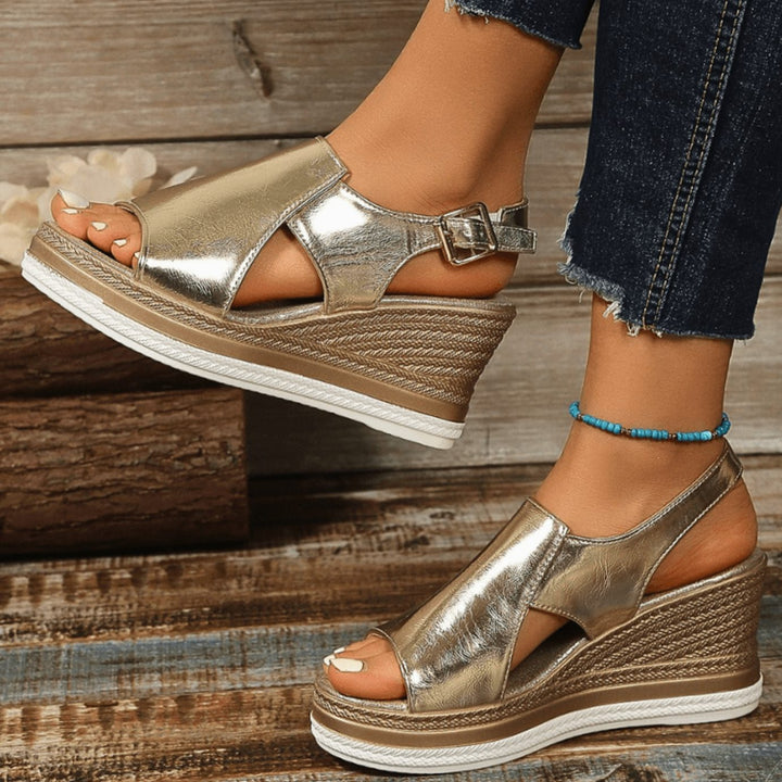 Women's Orthopedic Sandals Metallic Wedge Buckle Slingback
