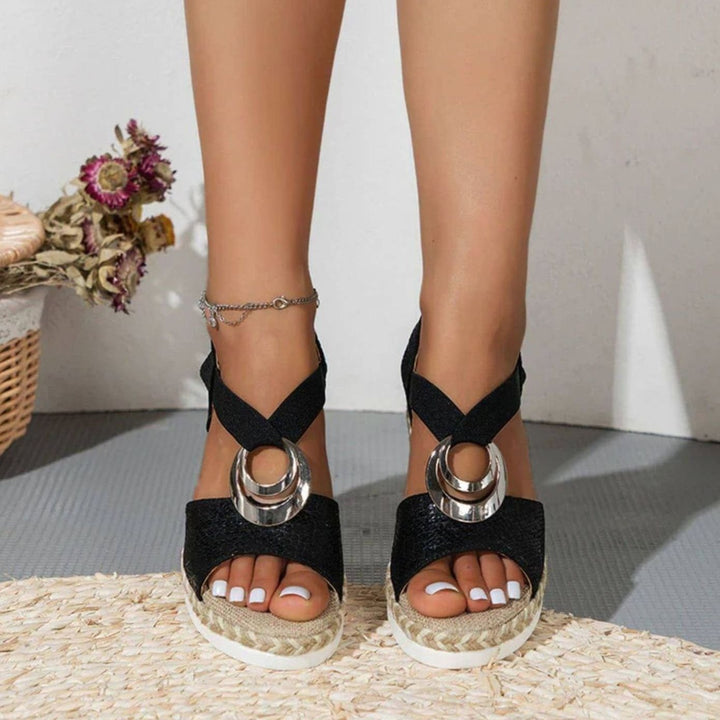 Women's Orthopedic Sandals Open-Toe Espadrille Platform Buckle Strap - Black