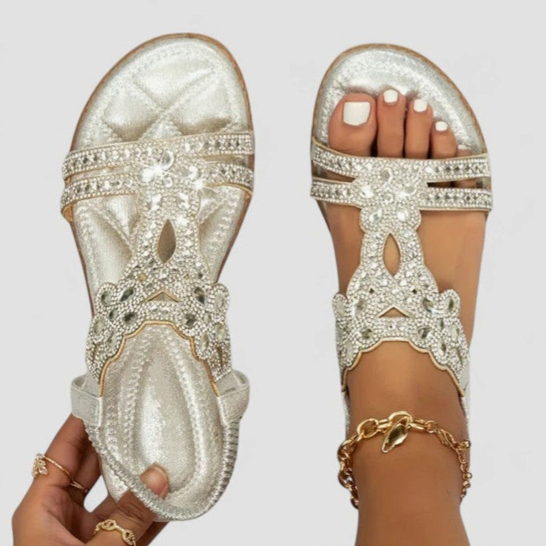 Women's Orthopedic Sandals Rhinestone Embellished Flat T-Strap - Silver