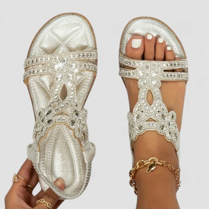 Women's Orthopedic Sandals Rhinestone Embellished Flat T-Strap - Silver