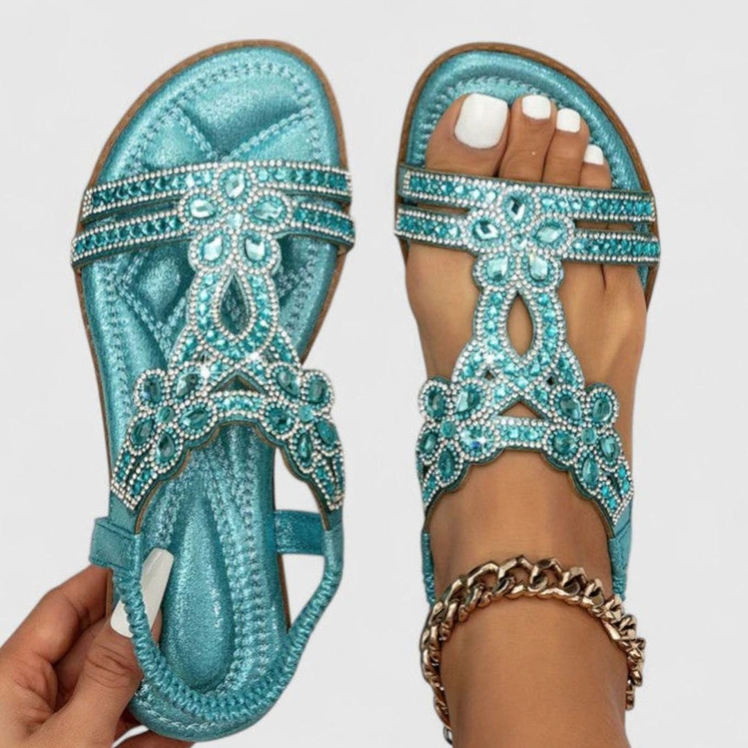 Women's Orthopedic Sandals Rhinestone Embellished Flat T-Strap - Light Blue