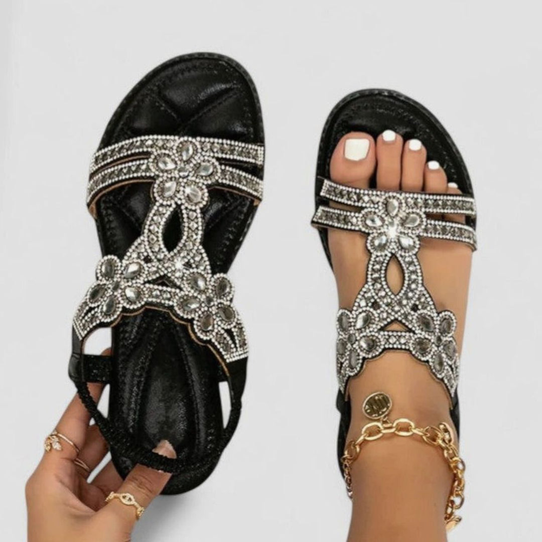 Women's Orthopedic Sandals Rhinestone Embellished Flat T-Strap - Black