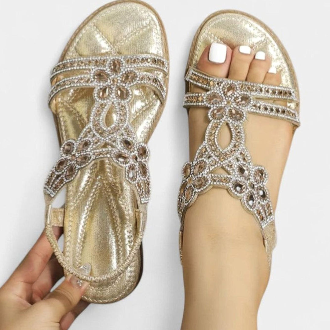 Women's Orthopedic Sandals Rhinestone Embellished Flat T-Strap - Gold