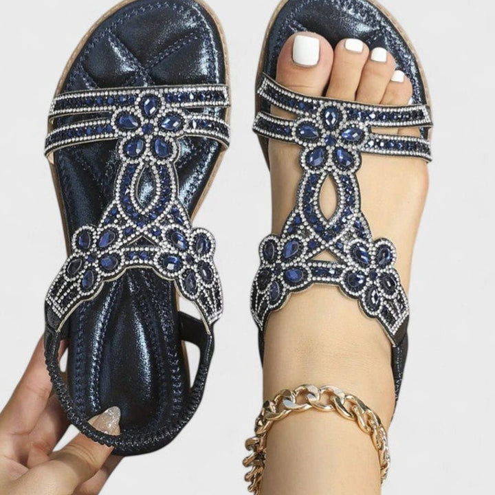 Women's Orthopedic Sandals Rhinestone Embellished Flat T-Strap - Blue