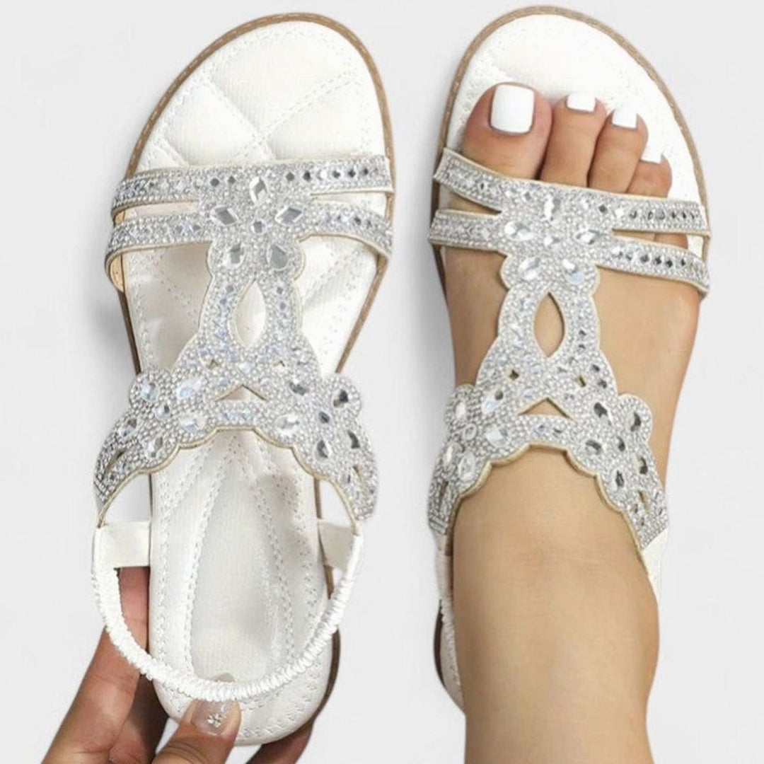 Women's Orthopedic Sandals Rhinestone Embellished Flat T-Strap - White