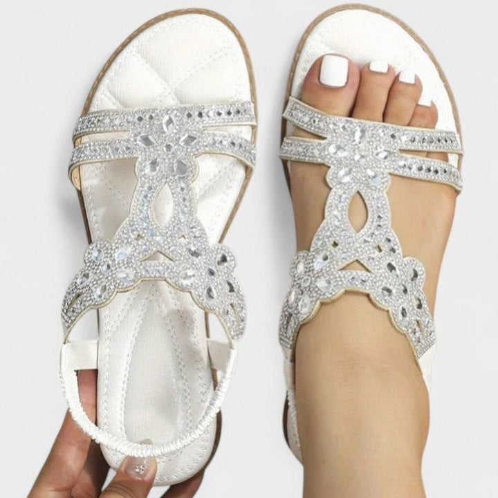Women's Orthopedic Sandals Rhinestone Embellished Flat T-Strap - White