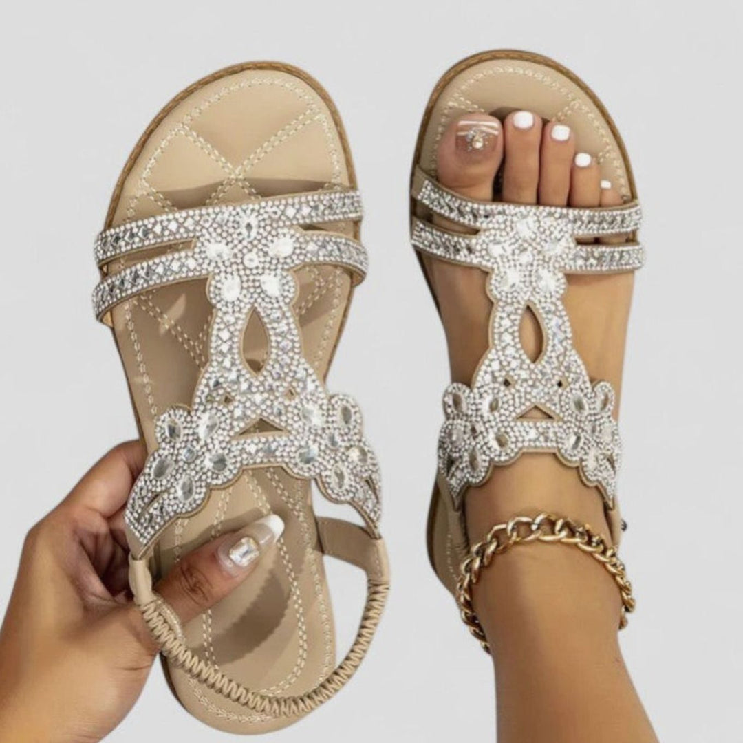 Women's Orthopedic Sandals Rhinestone Embellished Flat T-Strap - Khaki