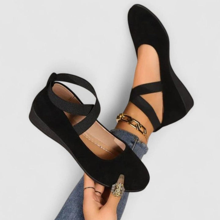 Women's Orthopedic Shoes Suede Cross-Strap Cushioned Flats - Black