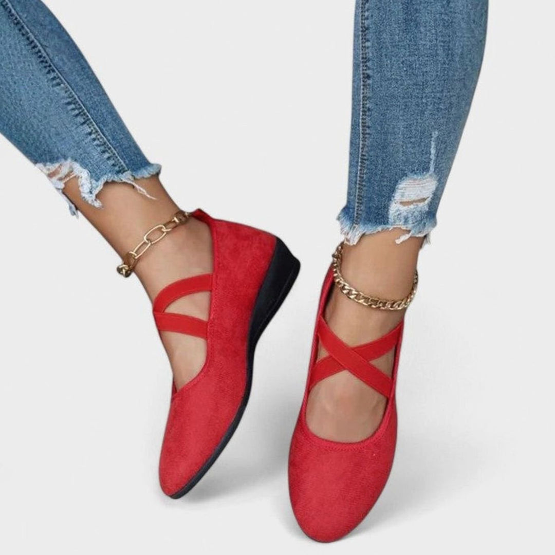 Women's Orthopedic Shoes Suede Cross-Strap Cushioned Flats - Red