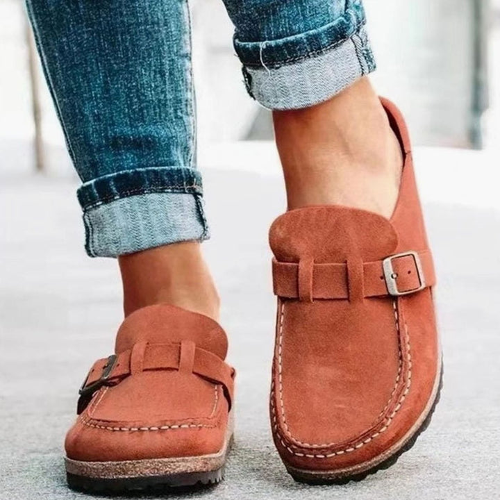Women's Orthopedic Slip-On Suede Buckle Strap Loafers - Rust