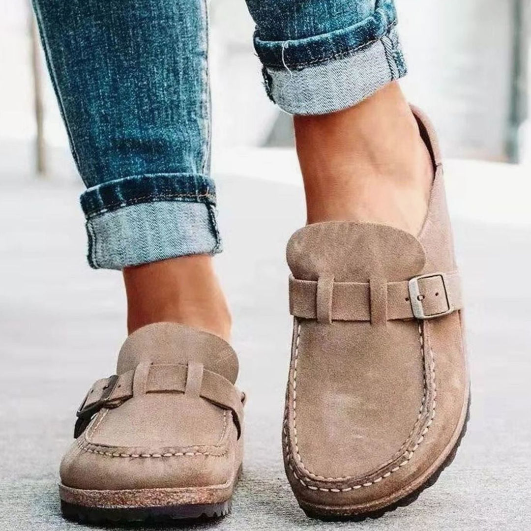 Women's Orthopedic Slip-On Suede Buckle Strap Loafers - Khaki