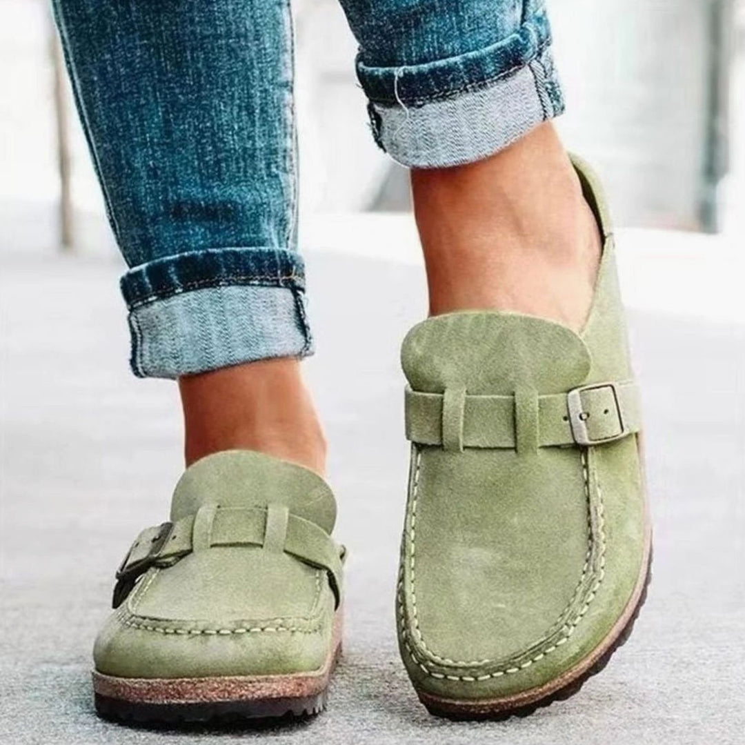 Women's Orthopedic Slip-On Suede Buckle Strap Loafers - Green