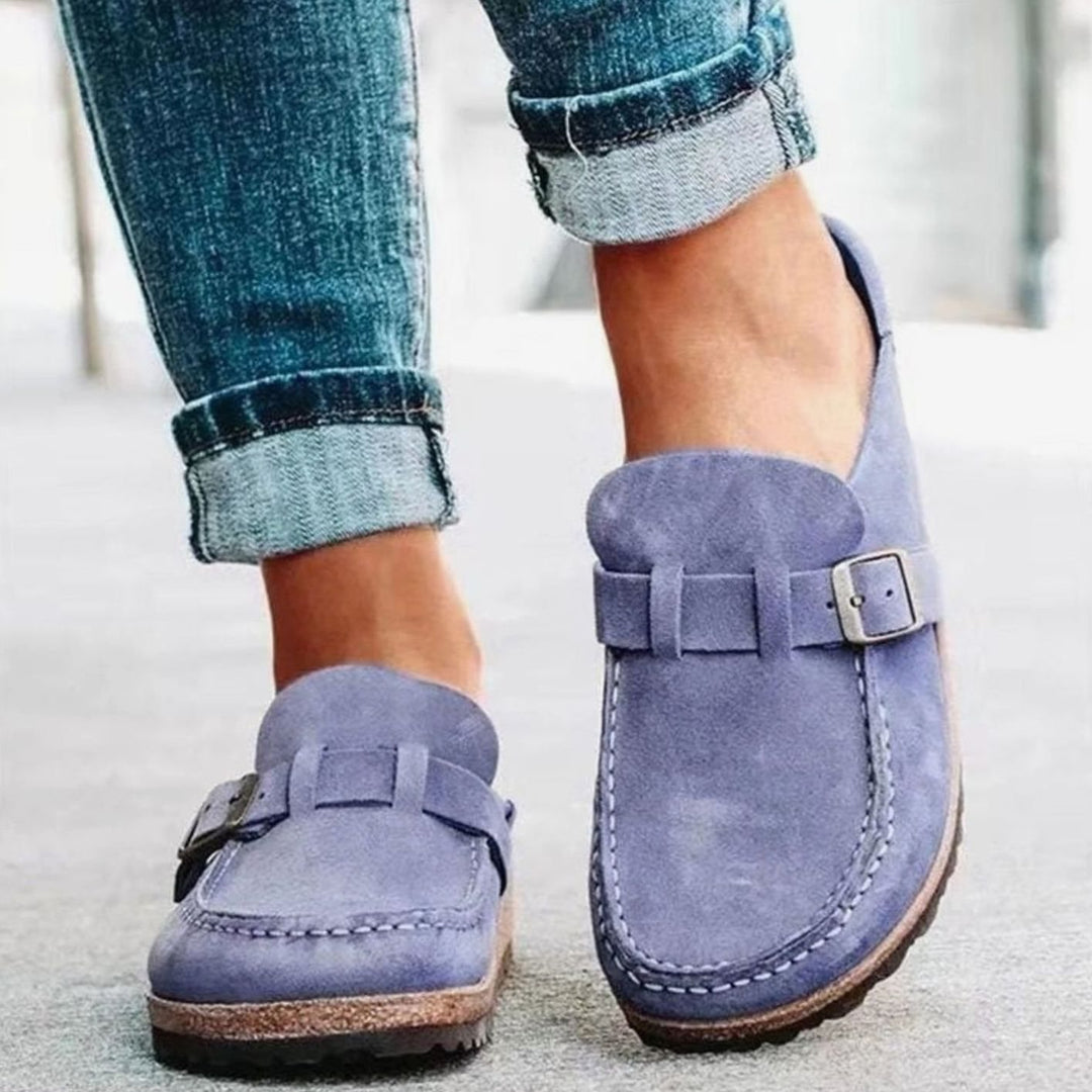 Women's Orthopedic Slip-On Suede Buckle Strap Loafers - Purple