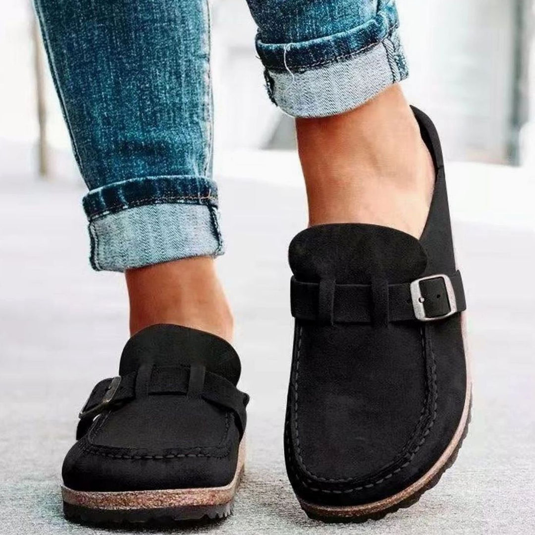 Women's Orthopedic Slip-On Suede Buckle Strap Loafers - Black