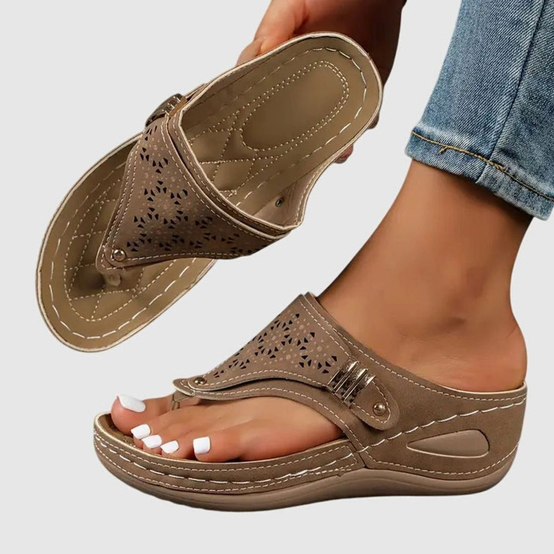 Women's Orthopedic Slip-On Wedge Sandals Arch Support Toe-Loop - Brown