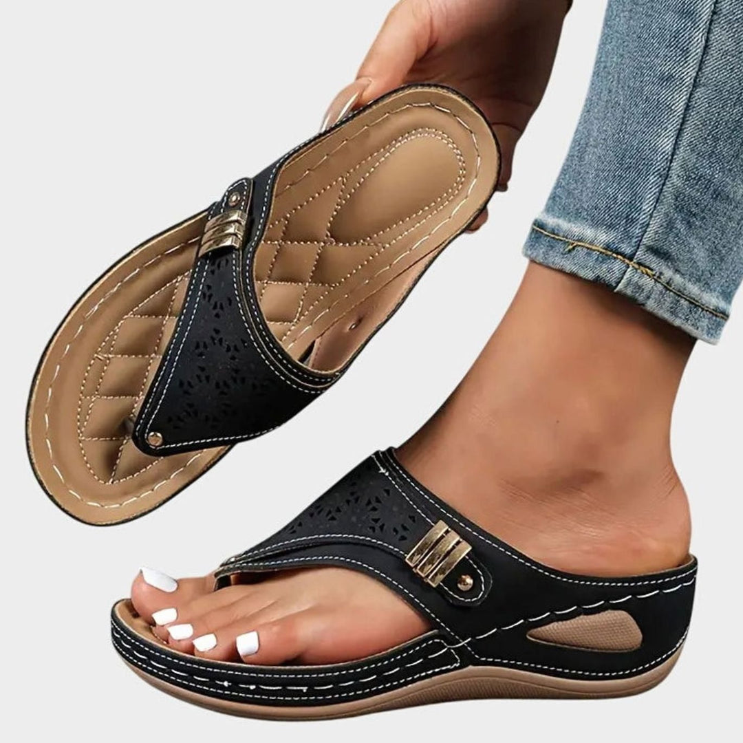 Women's Orthopedic Slip-On Wedge Sandals Arch Support Toe-Loop - Black