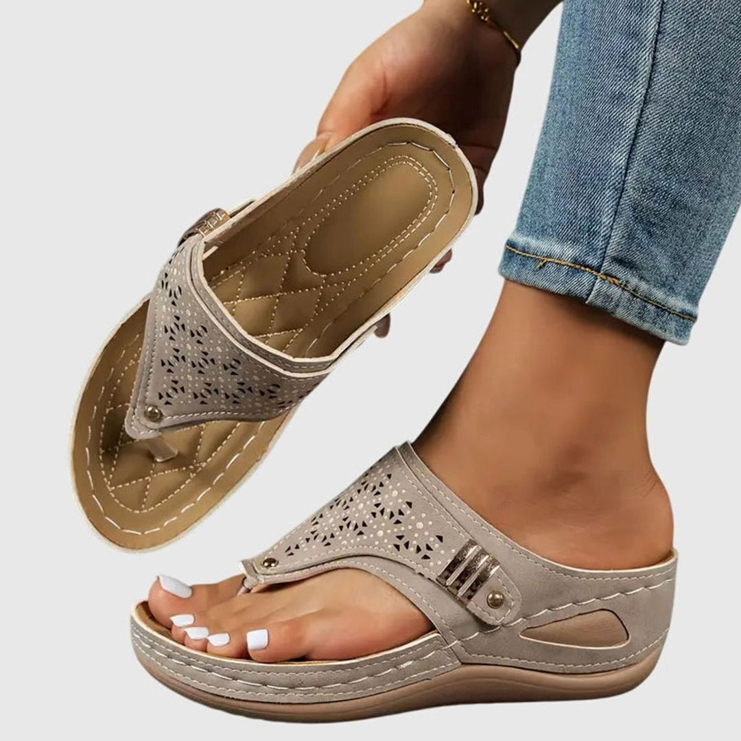 Women's Orthopedic Slip-On Wedge Sandals Arch Support Toe-Loop - Khaki