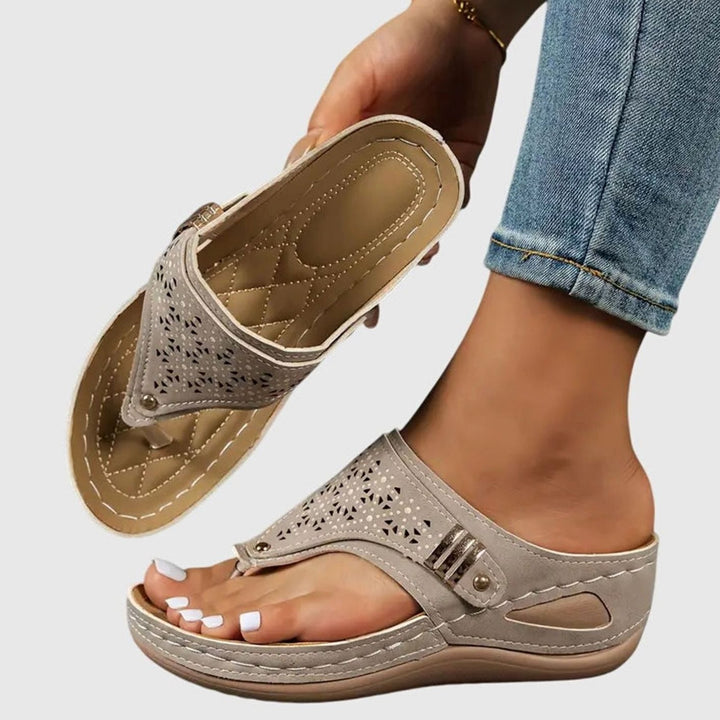 Women's Orthopedic Slip-On Wedge Sandals Arch Support Toe-Loop - Khaki