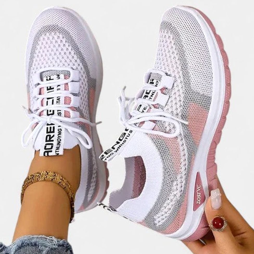 Women's Orthopedic Sneakers Breathable Mesh Lace-Up Cushioned Shoes - Pink