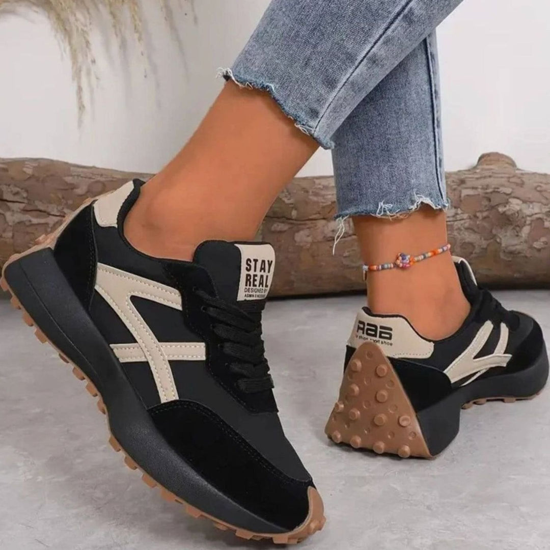 Women's Orthopedic Sneakers Lace-Up Platform Chunky Trainers - Black - Beige