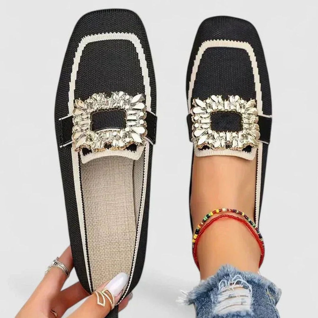 Women's Orthopedic Square-Toe Jeweled-Buckle Knit Loafers - Black