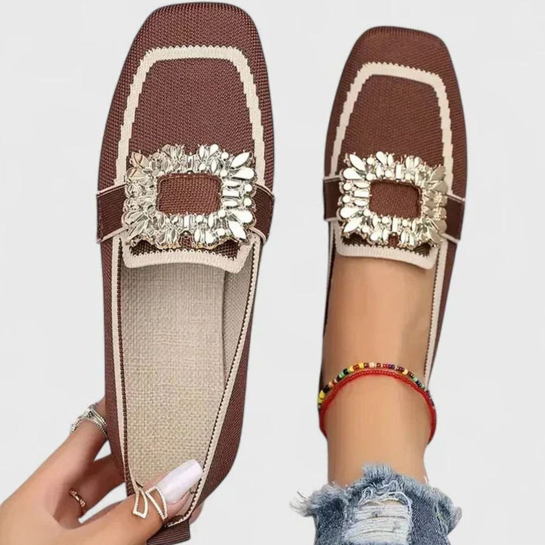 Women's Orthopedic Square-Toe Jeweled-Buckle Knit Loafers - Brown