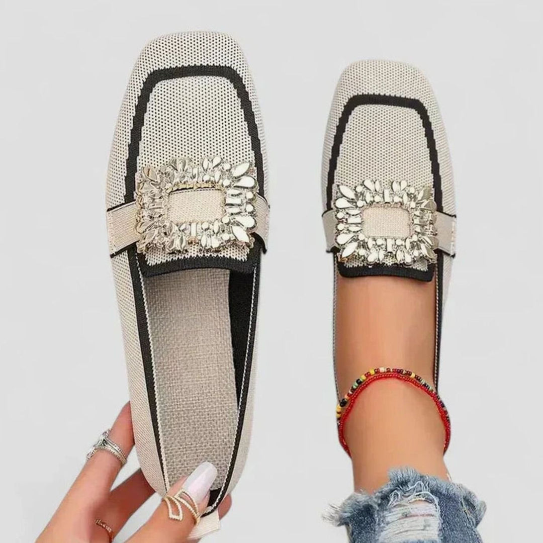 Women's Orthopedic Square-Toe Jeweled-Buckle Knit Loafers - Beige