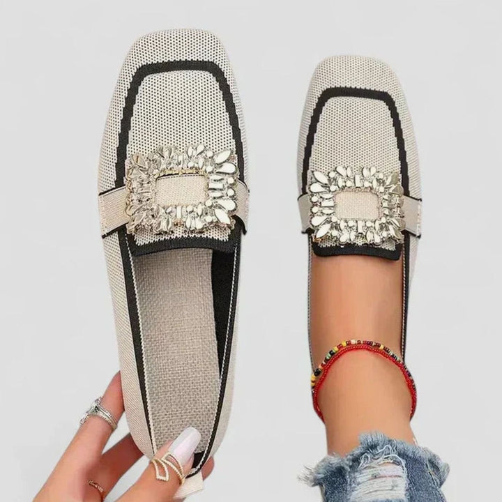 Women's Orthopedic Square-Toe Jeweled-Buckle Knit Loafers - Beige