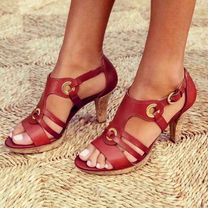 Women's Orthopedic Strappy Heel Sandal Gold-Grommet Buckle - Scarlet Red
