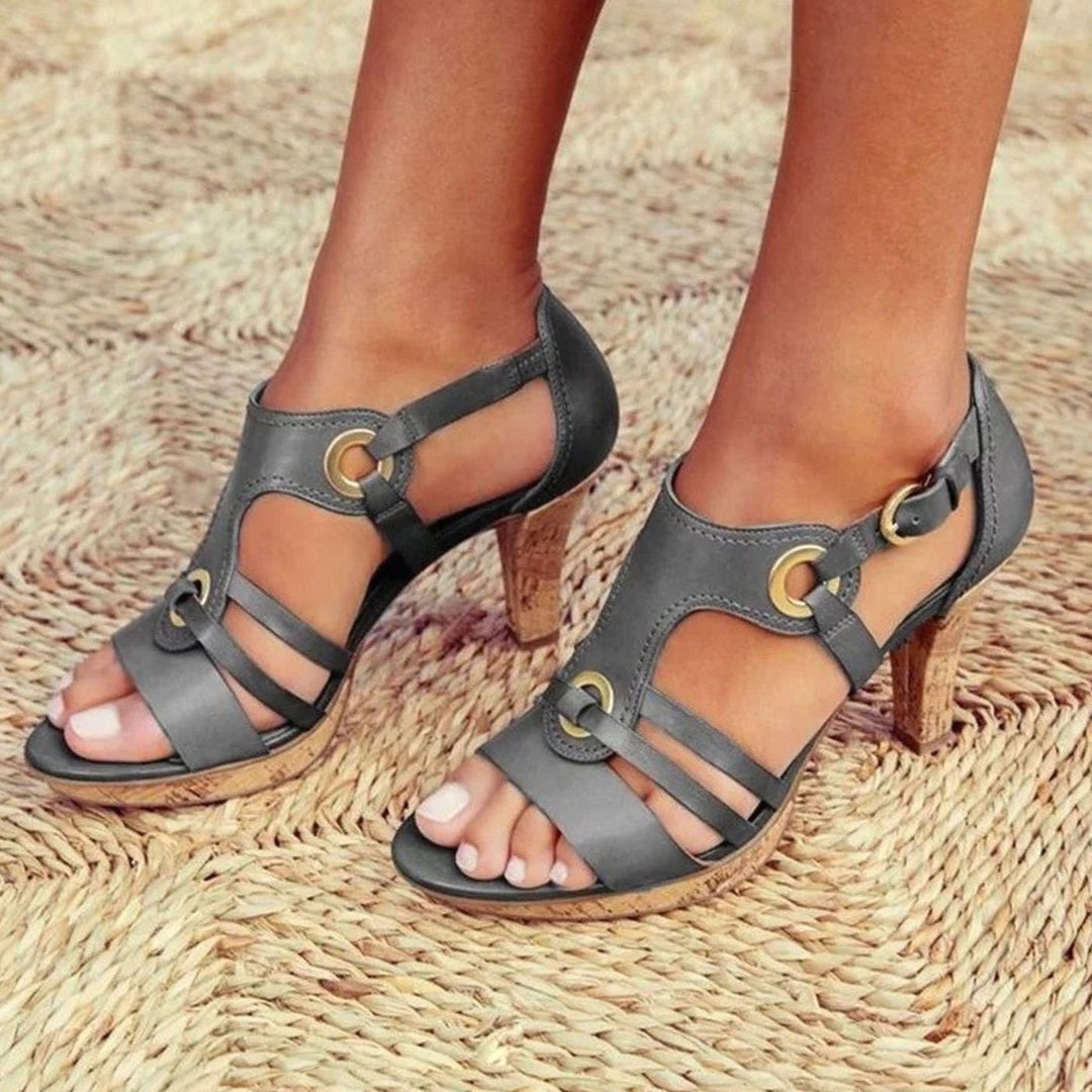 Women's Orthopedic Strappy Heel Sandal Gold-Grommet Buckle - Gray