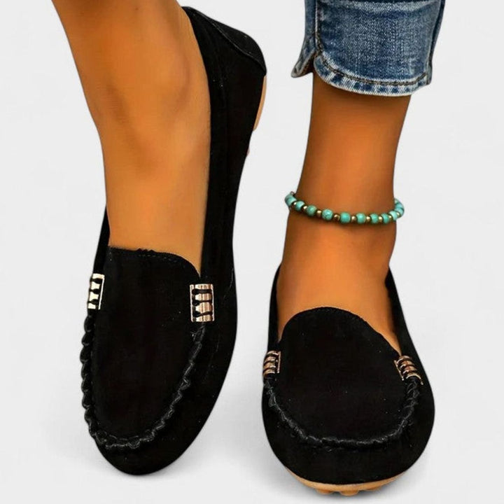 Women's Orthopedic Suede Slip-On Loafers Metal Accent Flats - Black