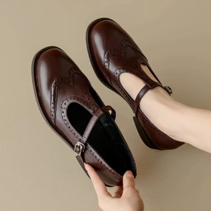 Women's Orthopedic T-Strap Mary Jane Shoes Cushioned Block Heel - Brown