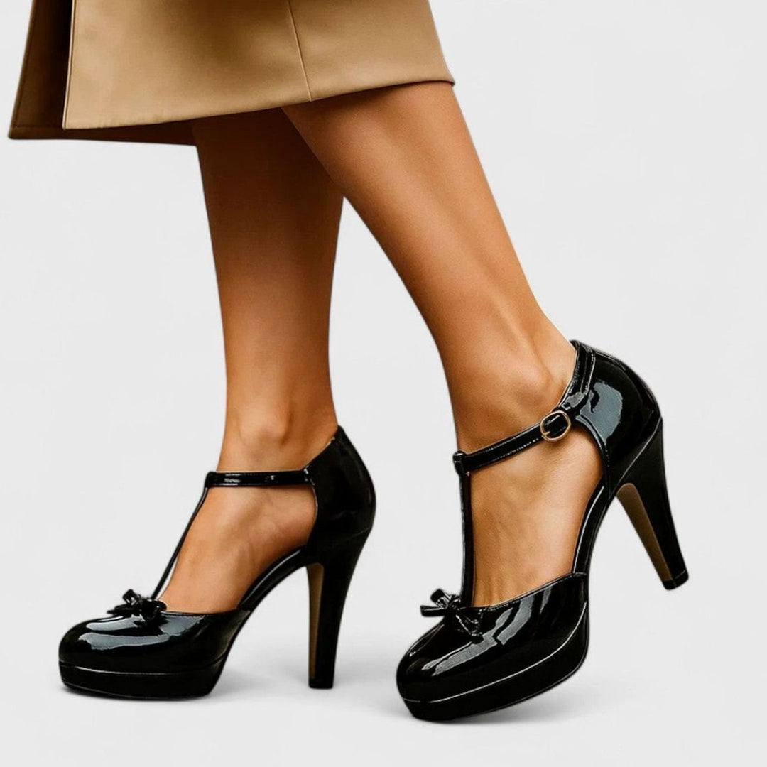 Women's Orthopedic T-Strap Platform Stiletto Heels Bow Accent - Black